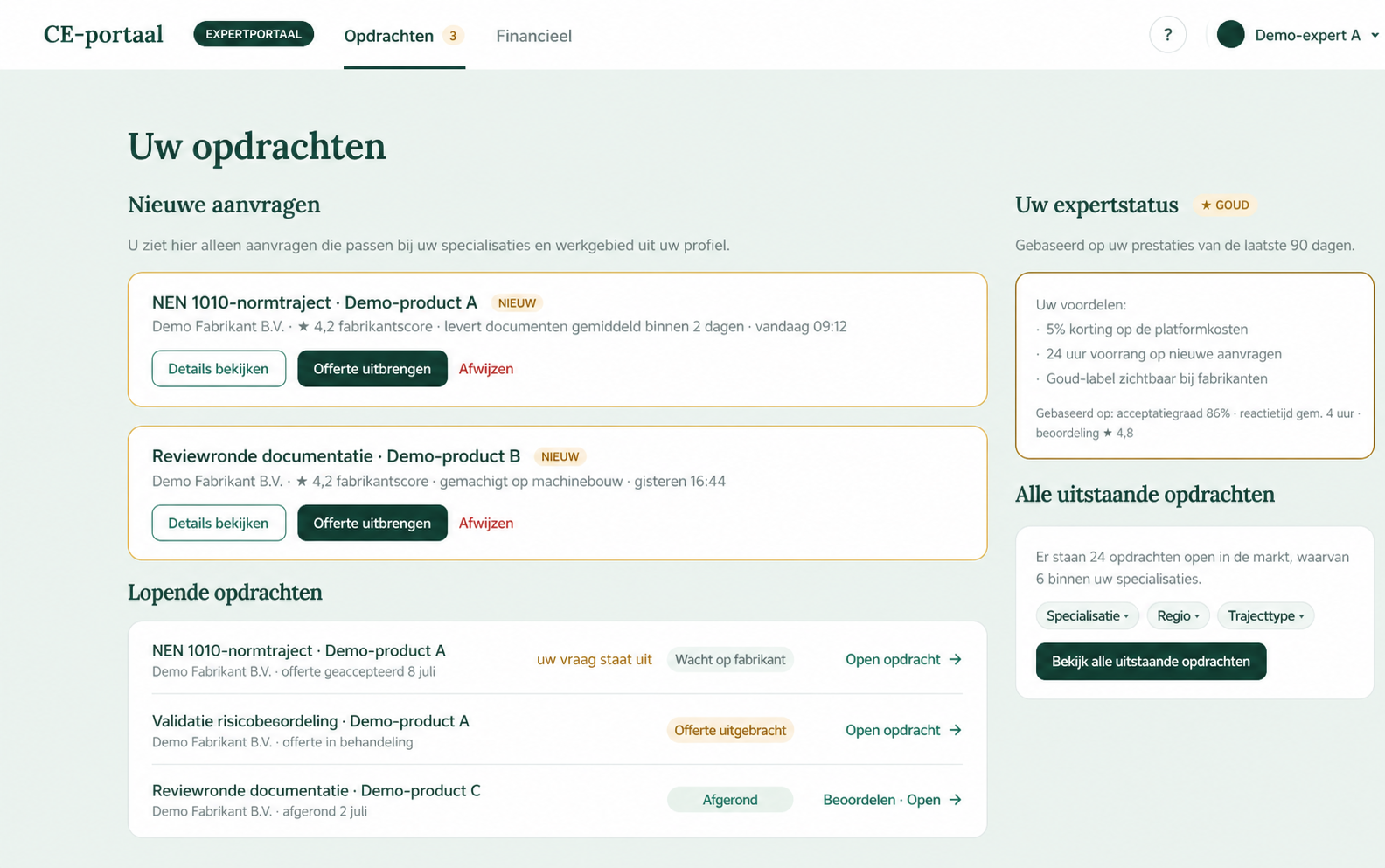 Expertportaal met nieuwe en lopende validatieopdrachten en expertstatus