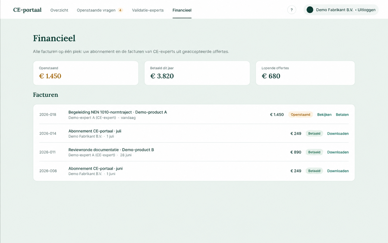 Offertes en facturen in het financiële portaaloverzicht