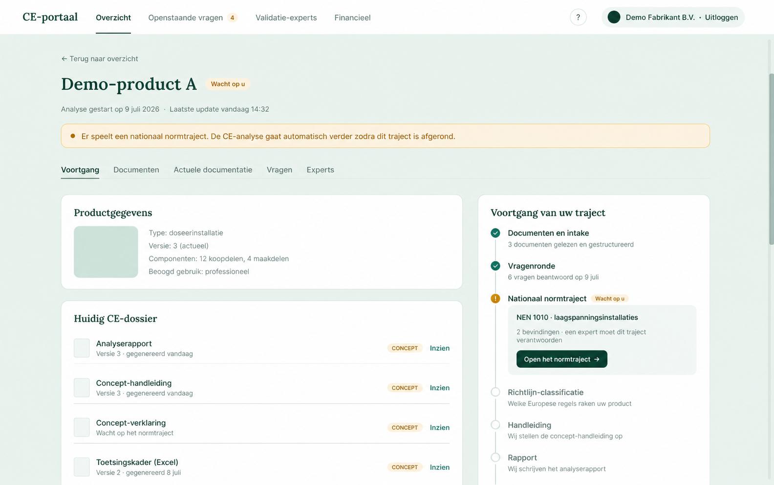 Levende voortgangsflow van een CE-traject