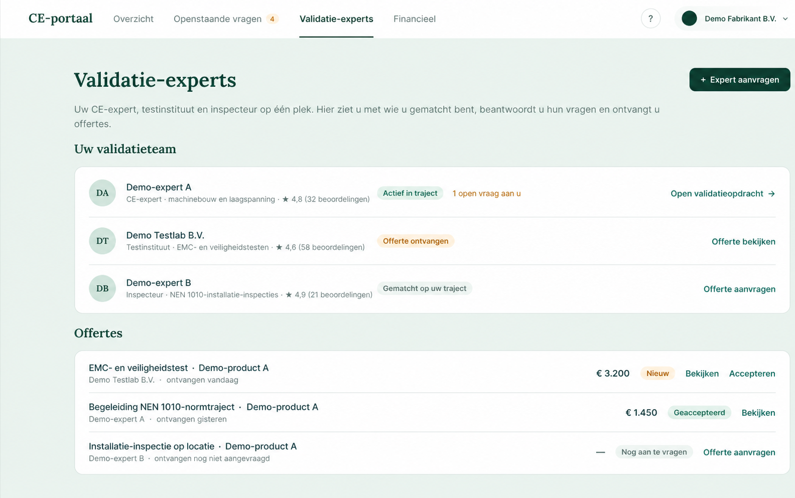 Overzicht van validatie-experts, offertes en lopende opdrachten in het portaal